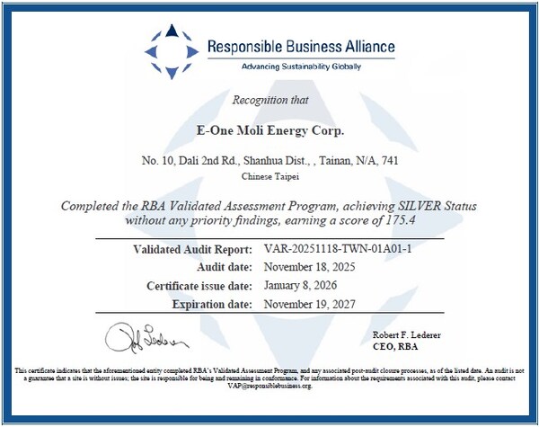 能元科技榮獲RBA銀級認證 樹立電池制造行業倫理新...